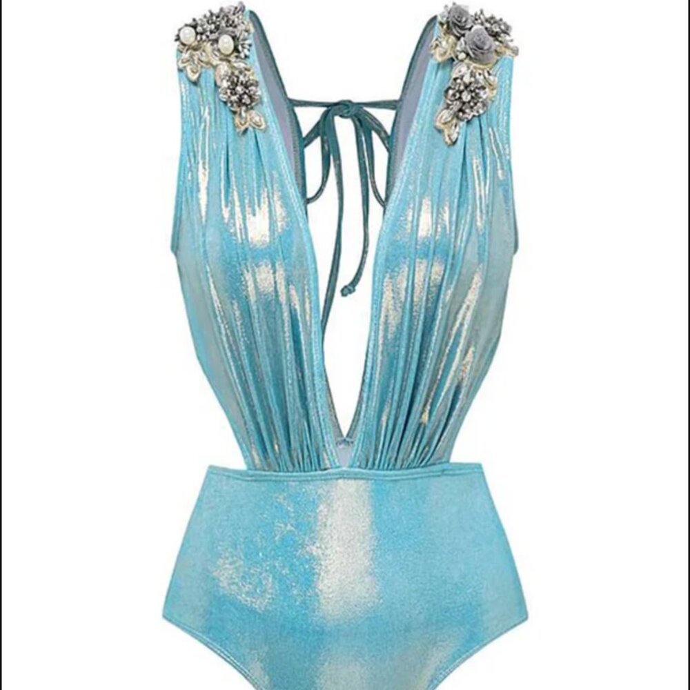Shimmer Aqua Plunge One-Piece Swimsuit with Embellished Shoulders